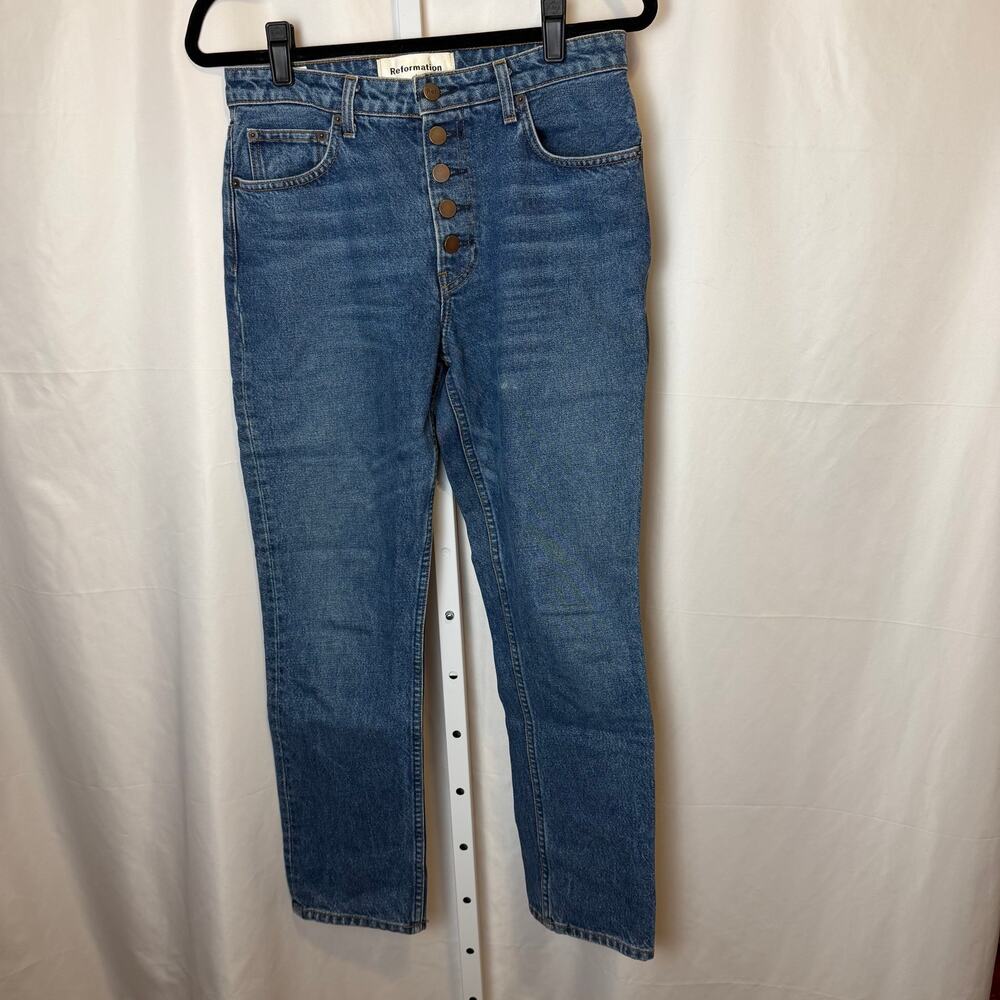 Reformation Mid Rise Button Fly Jean Baltic Wash‎ Size 28 Sustainable Denim